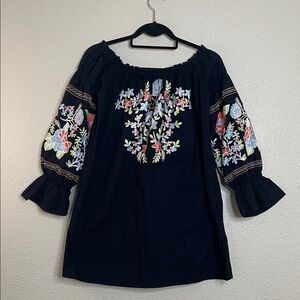 Free People Women’s Black Embroidered Floral Boho Tunic Dress Top Pockets Size S